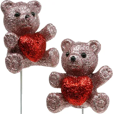 Produktbild von Dekostecker Glitter-Bärchen mit Herz für Valentinstag, Hochzeit, Babyparty, Tischdeko, Blumenstecker 9er Set, 9 Stück