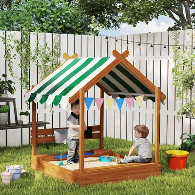 Produktbild von Holz Sandkiste Kinder, Sandkasten Spielhaus mit Sonnenschutz, Massivholz, Grün | inkl. Spielzeug-Set | 124 x 116 x 146 cm