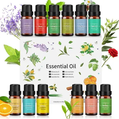 Obrázok produktu pre Sada esenciálnych olejov, 12 ks po 10 ml, 100% prírodné, pre aromaterapiu, darčeková sada