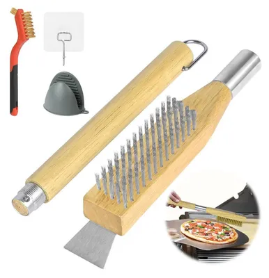 Obrázok produktu pre Kefa na čistenie pizzaopekáča, 50 cm, s oceľovou škrabkou a štetinami z nehrdzavejúcej oceli, drevená rukoväť, kefa na gril vhodná pre plynové a drevené grily