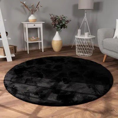Produktbild von Teppich Kurzflor waschbar Einfarbig Wohnzimmer schmutzabweisend Schwarz Rund 80D | 100% Polyester | Florhöhe: 10 mm | Maschinenwäsche, pflegeleicht