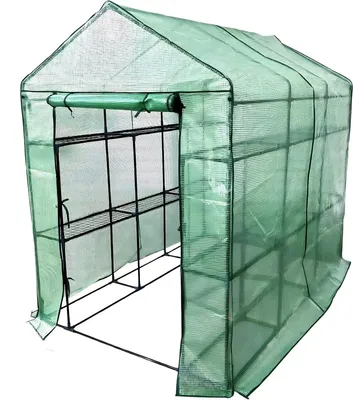 Produktbild von Inlauf Gewächshaus für Balkon und Garten - Polytunnel mit Regalen und aufrollbarer Reißverschlusstür - Grün - 143x215x195 cm