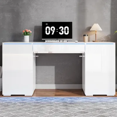 Productafbeelding van Bureau 140x50, hoogglanzend, met LED-verlichting, 1 lade, 2 deuren, make-up tafel, opbergruimte (wit)