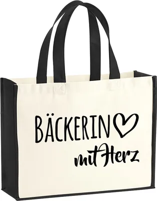 Produktbild von Huuraa Jutetasche Bäckerin mit Herz 21 Liter Black Jute und Baumwolle Einkaufstasche Geschenkidee