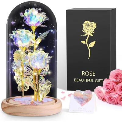 Productafbeelding van Eeuwige roos in een glazen vaas met LED-verlichting, decoratie voor nachtkastje, set van 3 rozen in galaxiemotief