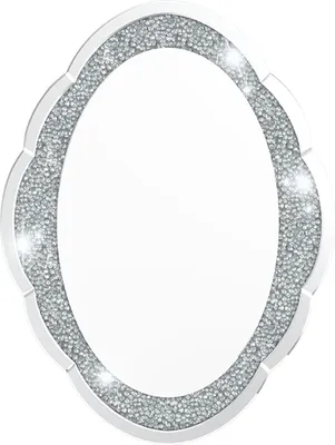 A decorative oval mirror with a frame adorned with small, sparkling elements.