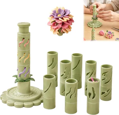 Produktbild von Modular Clay Bloom Maker Blumenstrauß Presform Set Grün 9 Formhülsen für Polymer & Modellierton DIY Handgemachte Blumen Bastelset 3-Stufen Presse