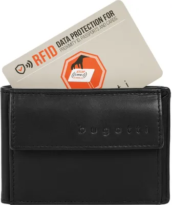 A black leather wallet with an RFID blocking card inserted.