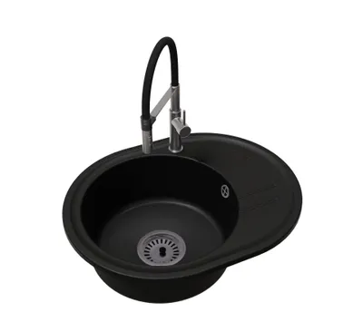 Produktbild von Einbeckige Küchenspüle Bella mit schwarzem Siphon und schwarzer Armatur Vento
