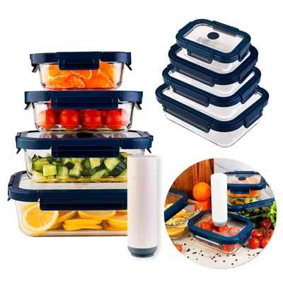 Produktbild von SuperButelki.pl – Set mit Lebensmittelbehältern + Pumpe, 4 Stück, 370 ml, 640 ml, 1000 ml, 1500 ml, Lunchbox, Vakuum und Glas