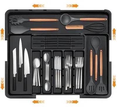 Besteckkasten für Schublade, 9 Fächer, Kunststoff, schwarz, groß