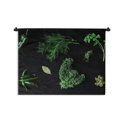 Produktbild von MuchoWow® Wandteppich Wandbehang Gewürze und Kräuter auf schwarzem Hintergrund 150x112 cm Tapisserie Dekoration Wandtuch - Wanddecke - Wandteppiche