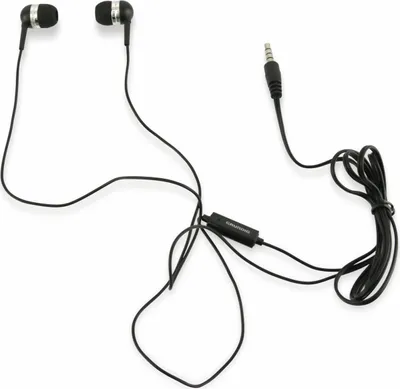 A pair of black wired earbuds with a silver accent on a white background.