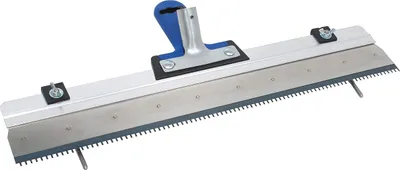 A professional studio shot of a floor squeegee with a blue handle.