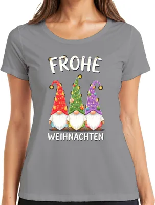 Produktbild von Frohe Weihnachten Wichtel Gnom Weihnachtsmütze Lichterketten Damen T-Shirt, Grau, M