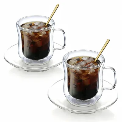Immagine prodotto di Omgoods - Set di 2 tazze da caffè in vetro a doppia parete con piattino