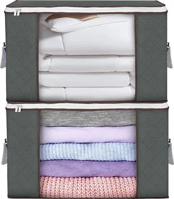 Imagen del producto de Uniqoos® - Juego de 2 bolsas de almacenamiento de 90 litros para ropa y ropa de cama, plegables, con tapa y ventana transparente, 60 x 45 x 35 cm, color gris