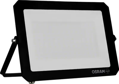 A black OSRAM LED floodlight with a white diffuser is shown against a white background.