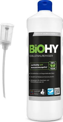 Produktbild von BiOHY Edelstahlreiniger (1l Flasche) + Dosierer | Edelstahlpflege für neuen, streifenfreien Glanz | Schutz gegen Fingerabdrücke, Schmierflecken etc. | schonend und nachhaltig