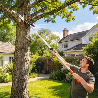 Produktbild von 2-in-1 Astsäge mit integrierter Astschere Baumsäge mit Teleskopstiel 135/172/199 cm für hohe Äste Orange, für Garten und Terrasse