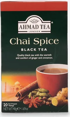 A box of Ahmad Tea Chai Spice Black Tea.