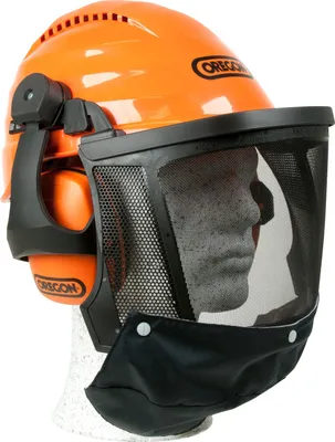 A professional shot of a safety helmet with attached ear protection and face shield.