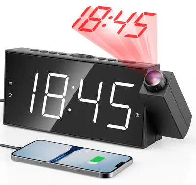 Obrázek produktu pro Digitální budík s projekcí, 7palcový displej, duální alarm, USB nabíječka, vhodný do ložnice