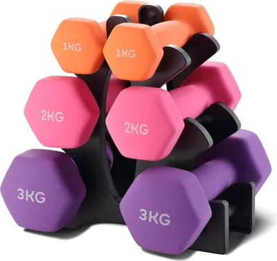 Produktbild von TEENO Neopren-Hanteln 9/12 kg mit Halterung – Set mit 6 Hanteln für Frauen und Männer, rutschfest, für das Training zu Hause, für Arme und Schultern