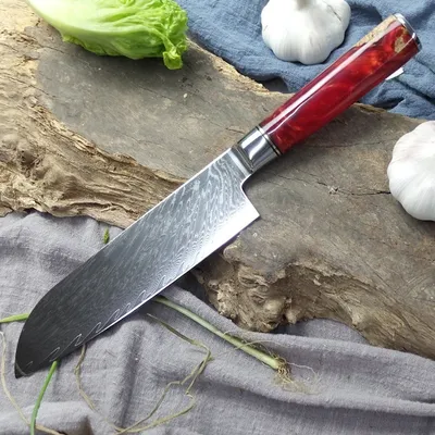 Image de Couteau de cuisine damassé HA-14033 - Santoku Rouge KP14033