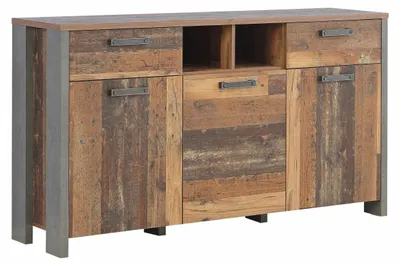 Sideboard CLIF mit drei Türen und zwei Schubladen in Old Wood Vintage Optik, Gesamtansicht von vorne.