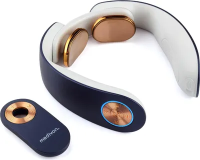 Obrázek produktu pro Medivon Ultra EMS masážní přístroj na krk, elektrosvalová stimulace, 3D nastavení, 4 režimy, dálkové ovládání, vyhřívání, časovač, bílá/modrá