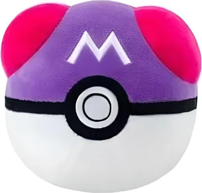 A close-up studio shot of a plush Master Ball toy.