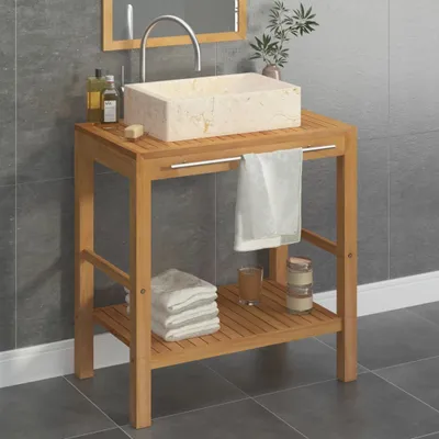 Image de Le meuble-lavabo "The Living Store" en bois massif teck, avec vasque en marbre crème