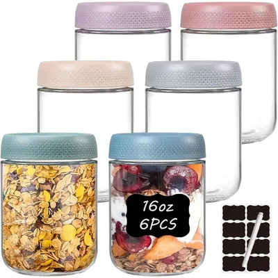 Image de Lot de 6 bocaux de 500 ml avec couvercle à vis, hermétiques, empilables, comprenant des étiquettes et un stylo