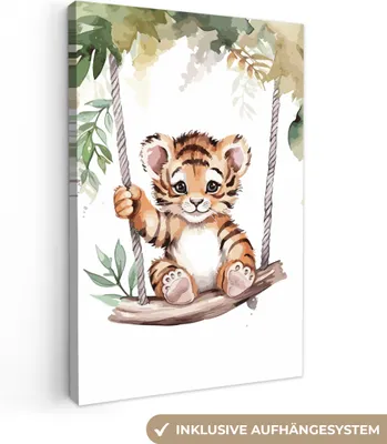 Produktbild von MuchoWow® - Leinwandbilder - Tiger - Tier - Kinder - Dschungel, Wandbild, Wanddeko Bilder Wohnzimmer, 60x90cm