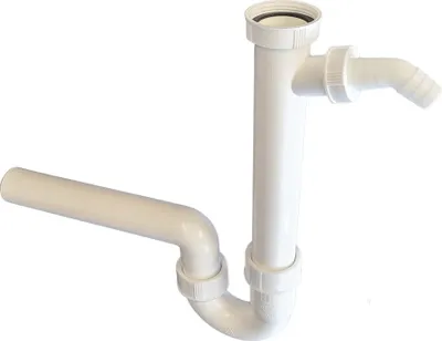 A white plastic sink trap with a hose connection for a washing machine or dishwasher.