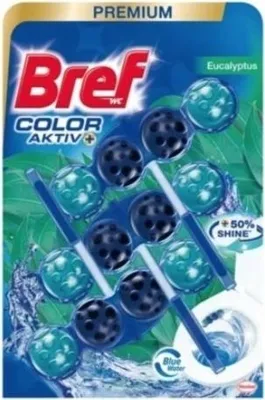 Packaging for Bref Color Aktiv+ toilet cleaner with eucalyptus scent.