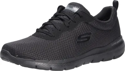 A black Skechers Flex Appeal 3.0 shoe is shown from a side angle on a white background.