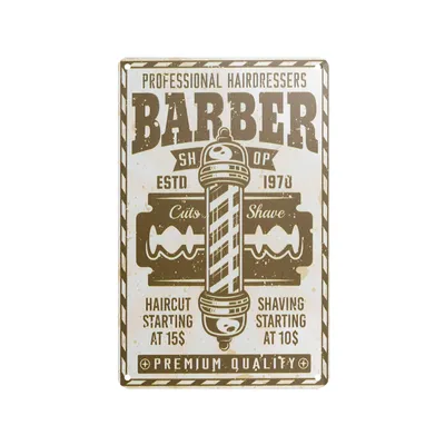 Produktbild von Dekoratives BARBER Schild aus dünnem Aluminium mit geprägten Beschriftungen