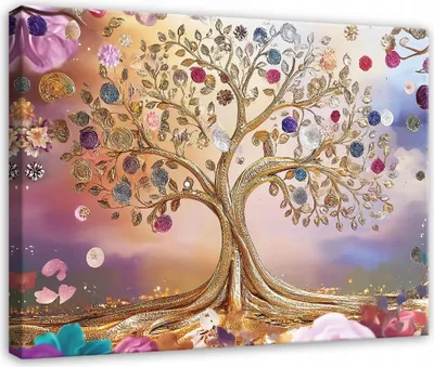 Produktbild von Leinwandbild - Bilder Abstrakt Baum Blumen - 100x70 cm - Leinwandbilder Wandbild XXL Wanddekoration Design Wohnzimmer Schlafzimmer Flur Büro Küche