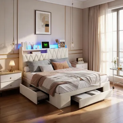 Immagine prodotto di Letto imbottito INONEFT, 140x190 cm, con LED e USB, letto a una piazza o a due piazze con 3 cassetti e spazio contenitivo nella testiera, struttura del letto con rete a doghe, tessuto velluto, colore beige