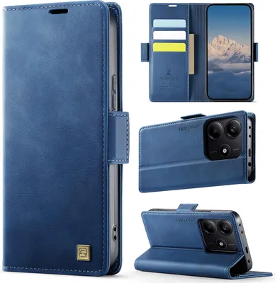 Image de Étui en cuir pour Xiaomi Redmi Note 14 5G, protection RFID, fermeture magnétique, fentes pour cartes et support Bleu