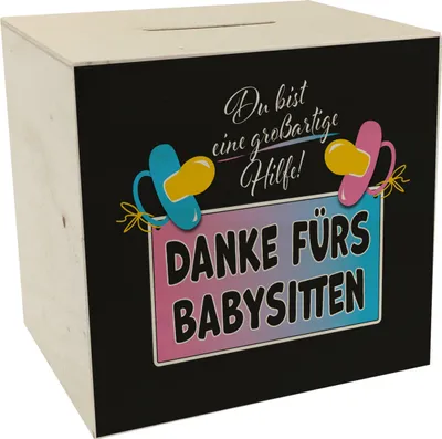 Produktbild von Schnuller Spardose aus Holz mit Spruch Großartige Hilfe danke fürs Babysitten