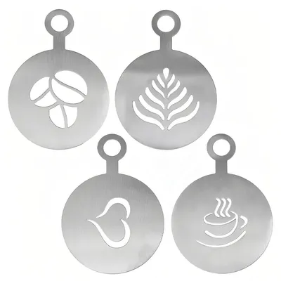Produktbild von Kaffeeschablone Latte-Art-Schablone Cappuccino-Schablone - Set mit 4 Stück - Edelstahl - Silber - 12 x 8,5 cm