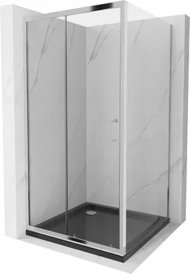 Produktbild von Mexen Apia ausziehbare Duschabtrennung 100 x 100 cm, Transparent, Chrom + Duschwanne Flat, Schwarz - 840-100-100-01-00-4070