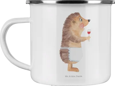 Produktbild von Mr. & Mrs. Panda Teetasse Igel Wein - Weiß - Geschenk, Teebecher, Lustige Sprüche, Weinglas, trinken, Rotwein, Weißwein, Haferl, Emaille Tasse, Pott, Blechtasse, Spruch