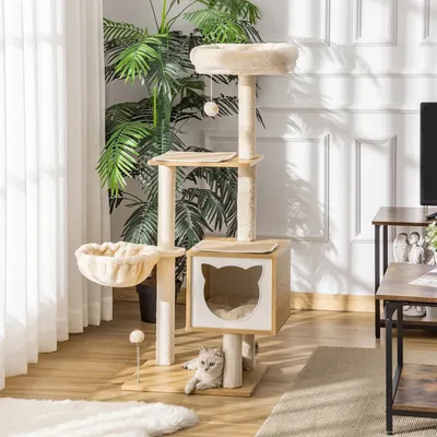 Image de Arbre à gratter pour chats - Structure d'escalade - Hauteur : 126 cm - 5 niveaux - Poteaux à gratter en sisal - Hamac et panier - Coussins amovibles - Couleur : vert armée