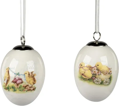 Produktbild von 2 Stück im Set Deko-Ei hängend 8cm mit Küken aus glasiertem Steingut mit Lithografie-Dekor verziert Formano Geschenke und Dekoration zu Ostern