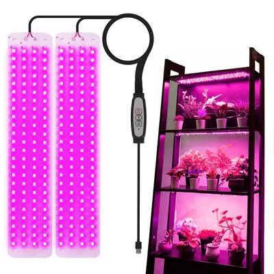 A product shot of two LED grow light panels and a separate image of a plant shelf with grow lights installed.