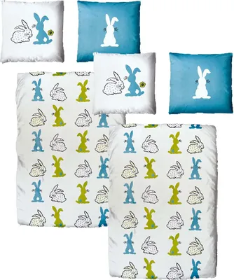 Produktbild von Baumwolle Satin Bettwäsche Hasen Ostern Grün Blau 135x200 80x80cm: 4 tlg.